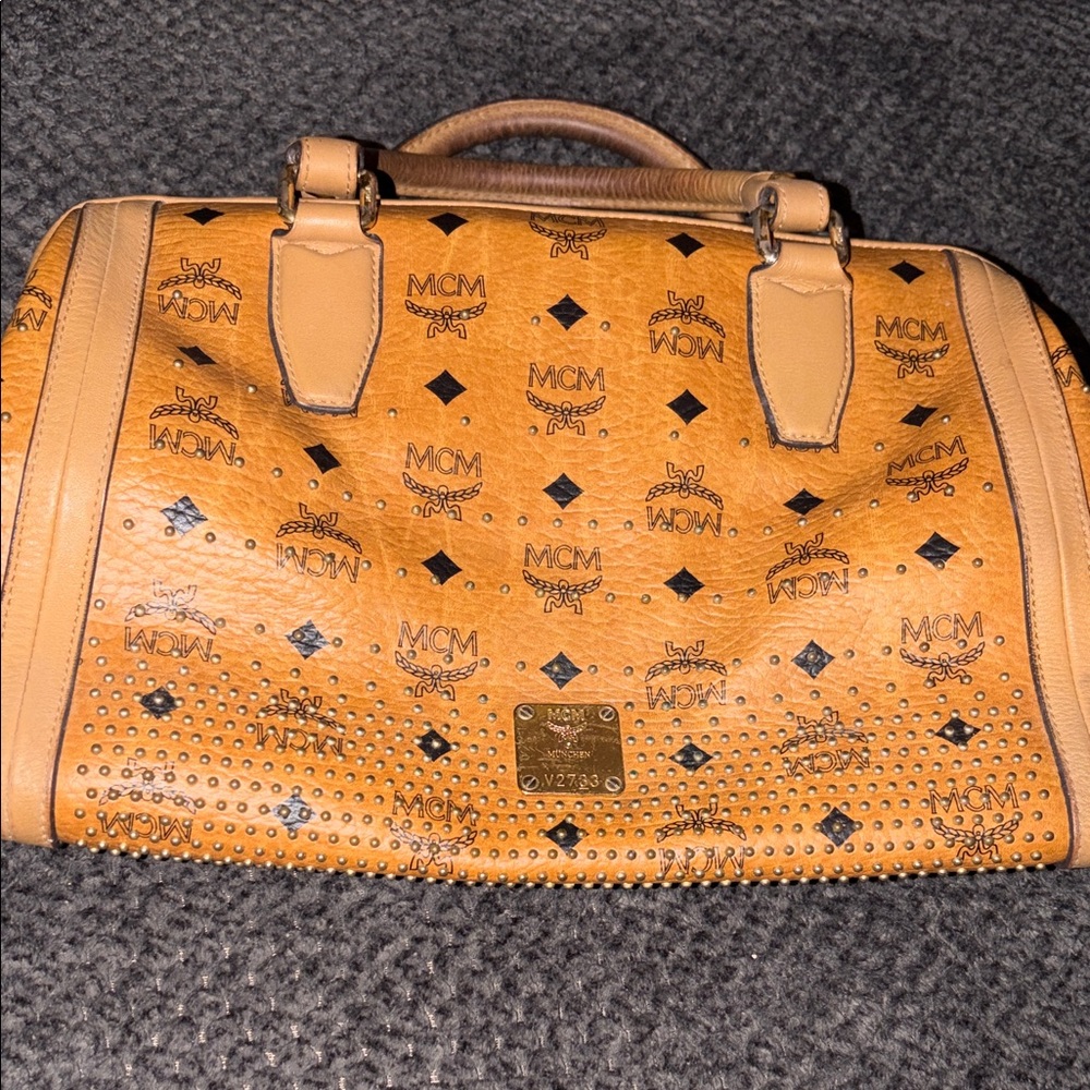 MCM Cognac Visetos Logo Dome Satchel with Gold Plaque